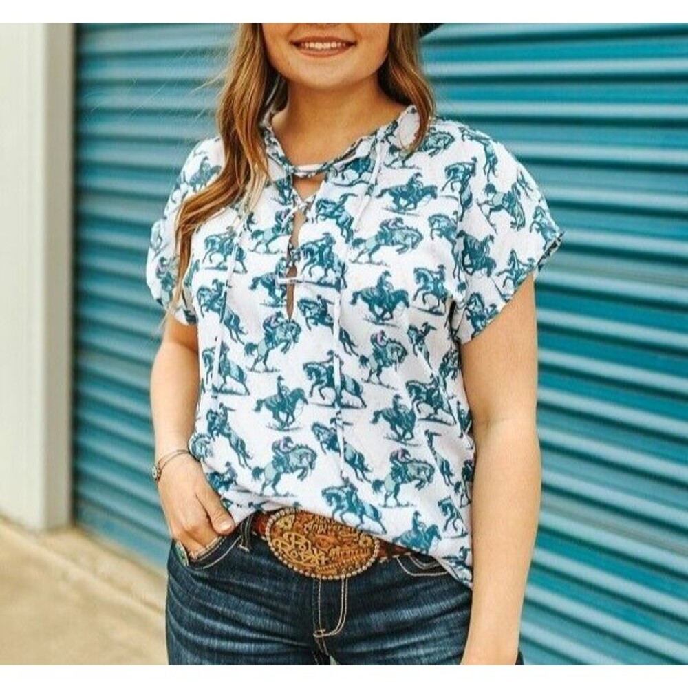 Lucky and blessed Ivory Jade Cowboy Print Front Tie Shirt